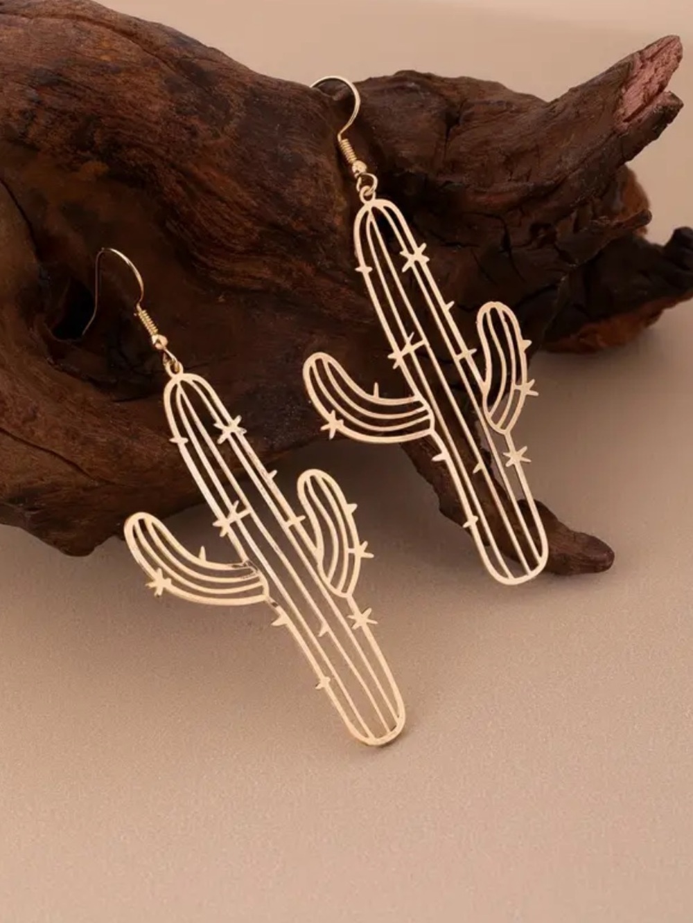 Gold Cactus 3” Dangle Earrings